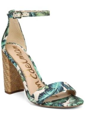 Sam Edelman Women's Yaro Jade Palm Print Raffia Block-Heel Ankle Strap Sandals